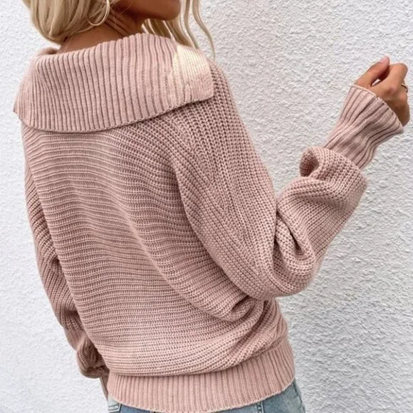 dusty pink V neck collar batwing sleeve knit sweat - Picture 2 of 6